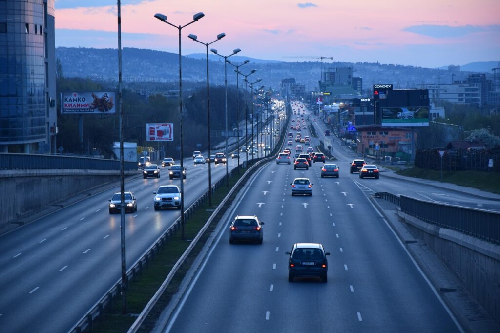 highway, city, cars, traffic, road, urban traffic, urban, twilight, nature, sunset, dusk